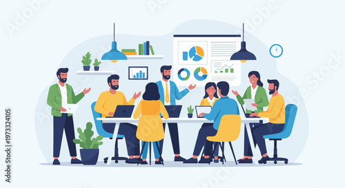 A diverse team of professionals collaborates around a table, presenting data and ideas