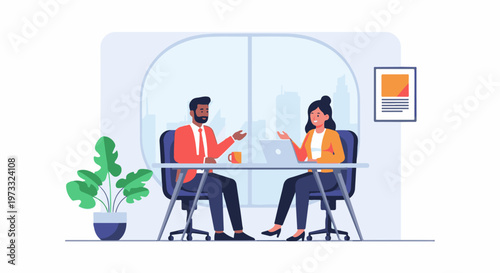 Two colleagues in an office setting discuss work, with a potted plant nearby