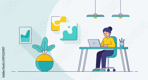 Person working on laptop at desk, surrounded by art and plant