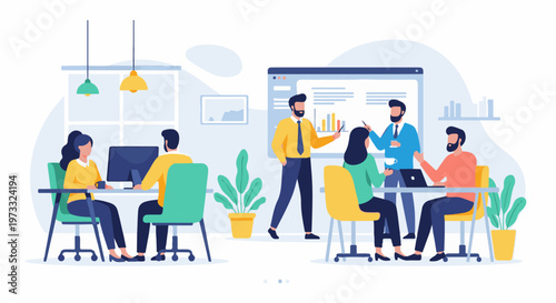 Diverse team in modern office collaborates around a presentation screen and desks