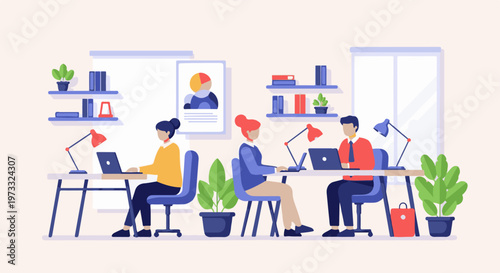 Three people working on laptops at desks in an office with plants and bookshelves