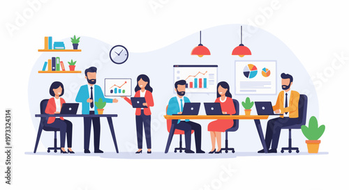 Colleagues collaborate and present data in a modern office setting with plants and charts