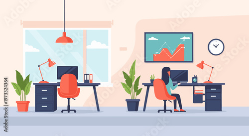 Modern office interior with two desks, computers, plants, and charts on wall