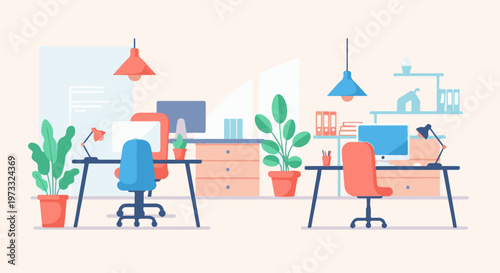 Two modern office workstations, each with a computer, desk lamp, and potted plants