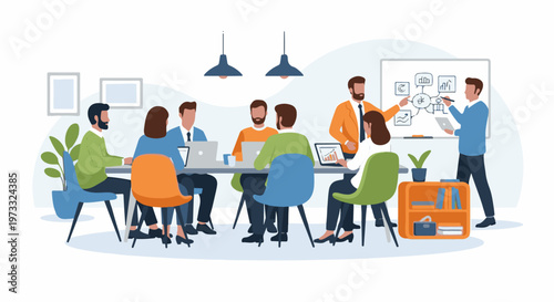 Diverse team brainstorms ideas around a table, planning with a whiteboard presentation