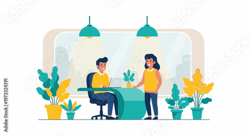 Two people in a modern office, with laptops and plants