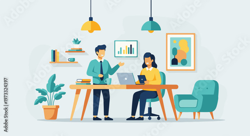 Two colleagues collaborate at a desk with laptops and charts in a modern office