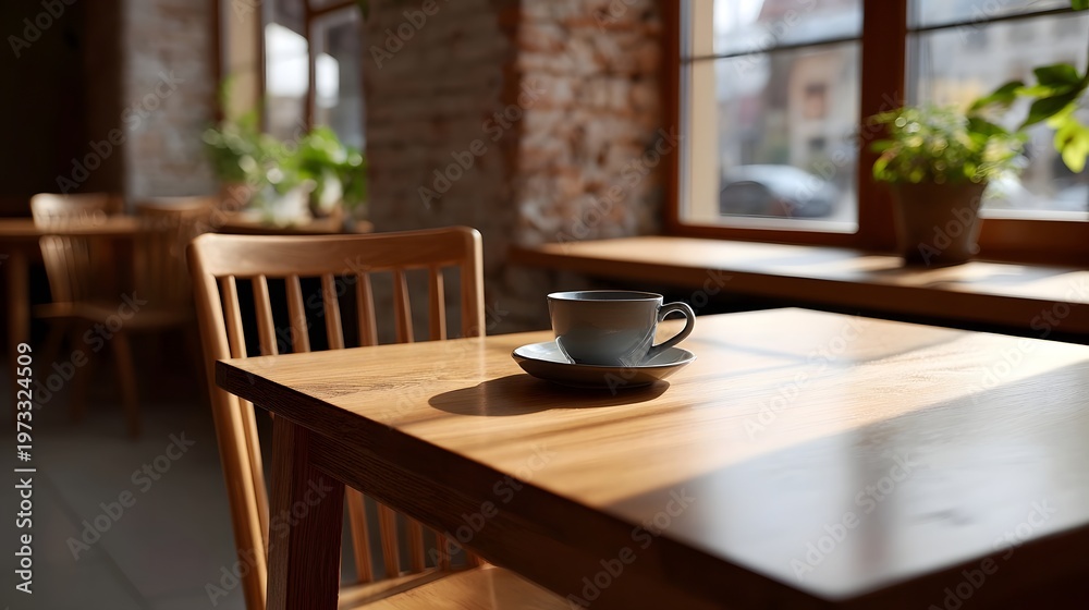 Fototapeta premium A sunlit cup of coffee sits on a wooden table in a serene cafe setting with natural light