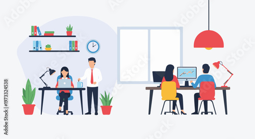 Modern office scene with people working on computers, plants, and shelving