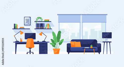 Modern home office and living space with blue sofa, orange chair, desk, and large window