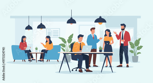 Diverse colleagues collaborate and converse in a modern, bright office space with plants