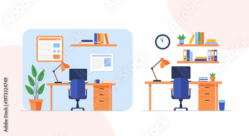 Two modern office desk setups with computers, lamps, plants, and bookshelves