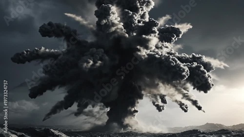 Massive explosion and dark smoke plume rising into stormy sky over city