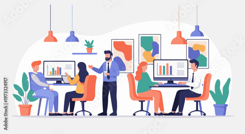 Modern office with people working on computers and abstract art on walls