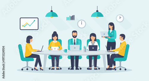 Office meeting with team collaborating around a table with laptops and charts