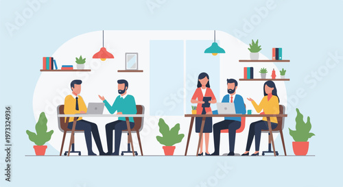 Team collaborating in a modern office setting with laptops and plants