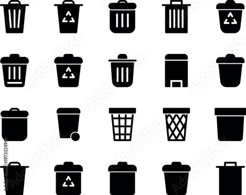 Trash can and recycle bin vector icon set, trash can, recycle bin, waste bin, dustbin, garbage can, rubbish bin
