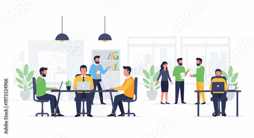 Diverse group of professionals collaborating and working in a modern, bright office space