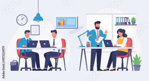 Office collaboration with people working on laptops and a manager giving instructions