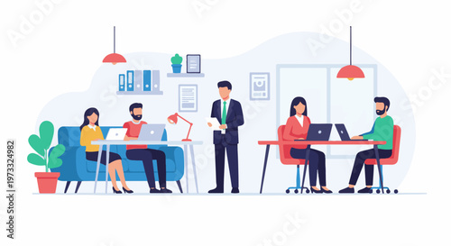 Diverse team collaborating in a modern, open office space with laptops and plants