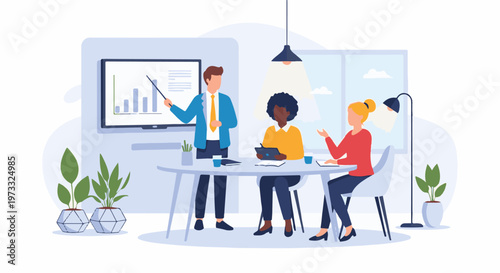 Diverse team in meeting room, presenter explaining chart on screen, attendees engaged