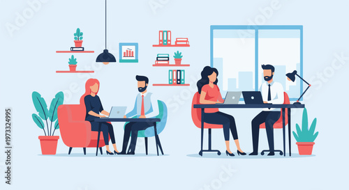 Colleagues collaborate and work on laptops in a modern, plant-filled office setting