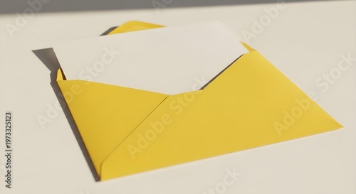 A highangle closeup of a bright yellow envelope with a blank white card tucked inside, resting on a clean, neutral surface with soft natural lighting