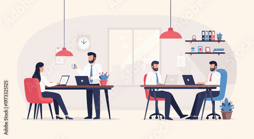 Modern office with people working on laptops at desks under lamps