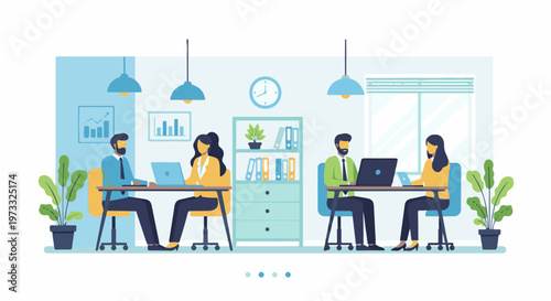 Office workers collaborating on laptops around desks with plants and charts