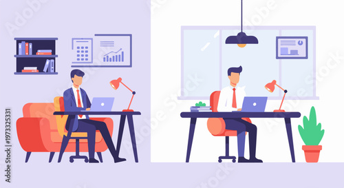 Two professionals working on laptops in separate office settings with desk lamps and charts