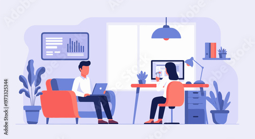 Two people working at desks in a modern, minimalist office space