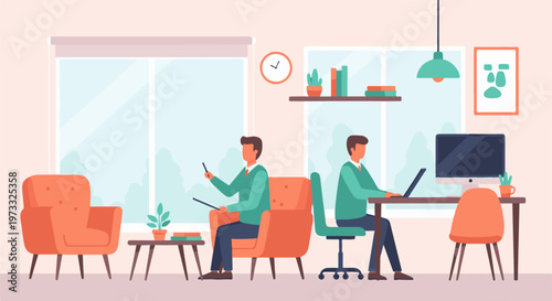 Two men work on laptops and tablets in a modern office with large windows and comfortable seating