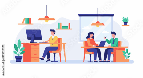 Modern office with two desks, computers, and people working