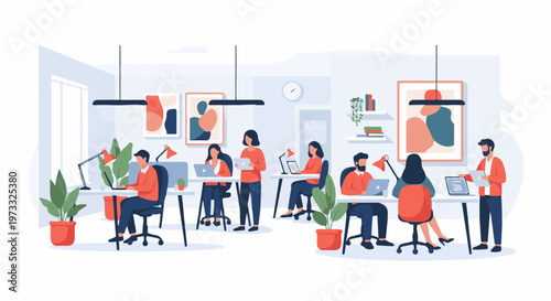 Modern office interior with people working at desks, plants, and abstract art