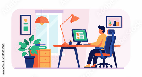 Person working at a desk with a computer, plant, and lamp in a cozy room