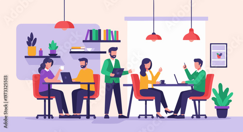 Colleagues collaborate around tables in a modern office setting, with plants and books adding decor