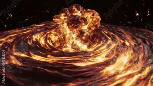 Abstract swirling vortex of molten lava with glowing embers and water splashes