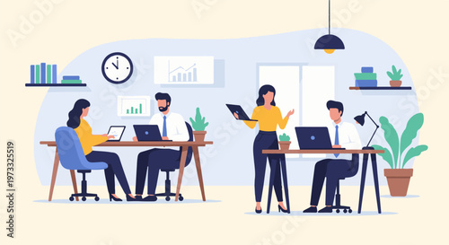 Four diverse colleagues collaborate in a modern office, working on laptops at desks