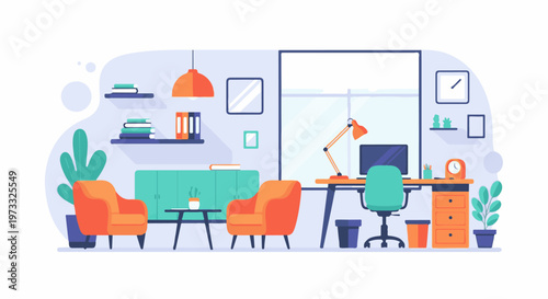 Cozy home office with armchairs, desk, computer, and plants