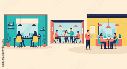 Diverse teams collaborate and work in modern, open-plan office spaces