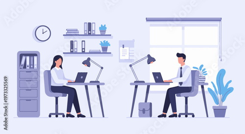 Office interior with two people working on laptops at desks, plants, and bookshelves