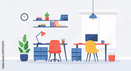 Flat illustration of a minimalist home office with two desks, chairs, plants, and a clock