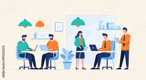 Employees collaborating at desks in a modern office with plants and lamps