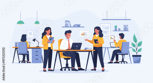 People collaborating and working in a modern office space with desks, laptops, and plants