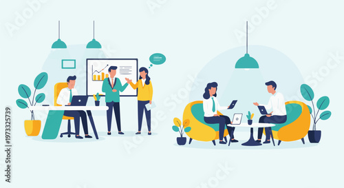 Diverse professionals collaborate and present data in modern office settings