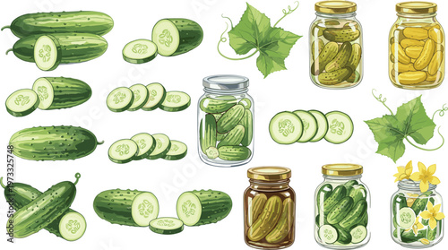 Cucumber and Pickle Icon Set Featuring Fresh Cucumbers, Sliced Pieces, and Jarred Pickles for Food, Cooking, and Agriculture Designs