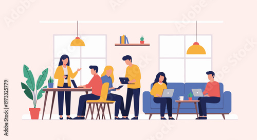 People collaborating and working on laptops in a bright, modern office space with plants and lamps