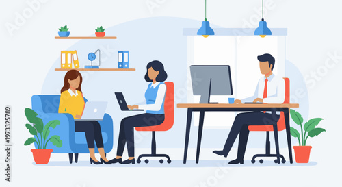 Office workers collaborating and completing tasks with laptops and computers