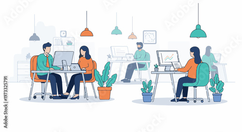 Modern office scene with people working at computers and plants decorating the space