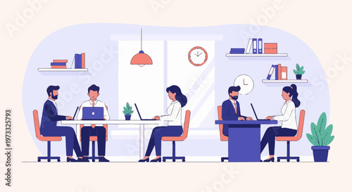 People working on laptops in a modern office setting with plants and bookshelves